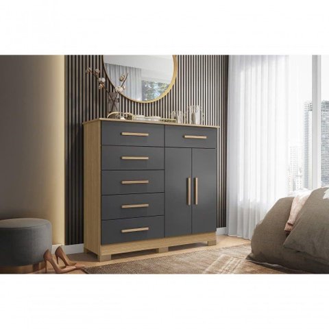 Cômoda New Xangai 6 Gavetas e 2 Portas Nature-titanium - Albatroz