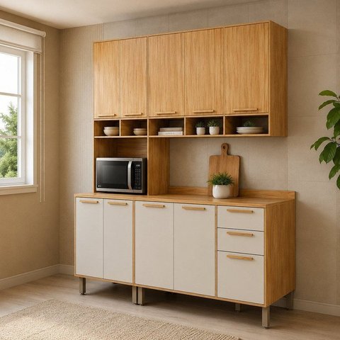 Cozinha Modulada Compacta 3 Peças 10 Portas MDF 190cm Malta Espresso Móveis Bege/Amêndoa/Off-White