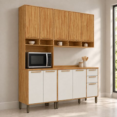 Cozinha Modulada Compacta 3 Peças 10 Portas MDF 190cm Malta Espresso Móveis Bege/Amêndoa/Off-White