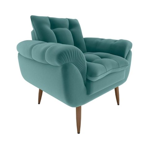 Poltrona Decorativa Confortável Pés em Madeira Maciça Xangai Veludo Verde Menta Matrix
