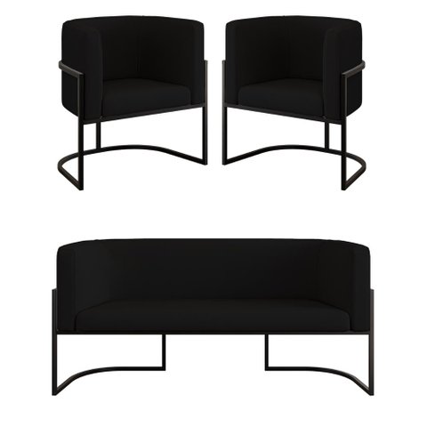 Kit 2 Poltronas + Sofá 2 Lugares Base de Metal Black Veludo Cor:preto