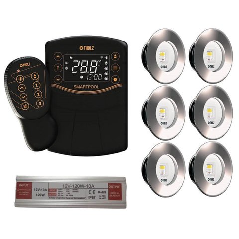 Kit 6 Led Slim Rgbw 15w Inox Piscina Tholz + Smartpool + Fonte