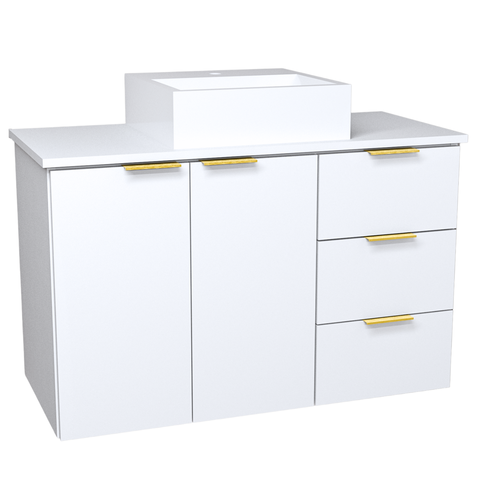 Balcão Móvel Gabinete Mdf para Banheiro com Tampo & Cuba 80cm Gavetas Lado Direito Puxador Dourado