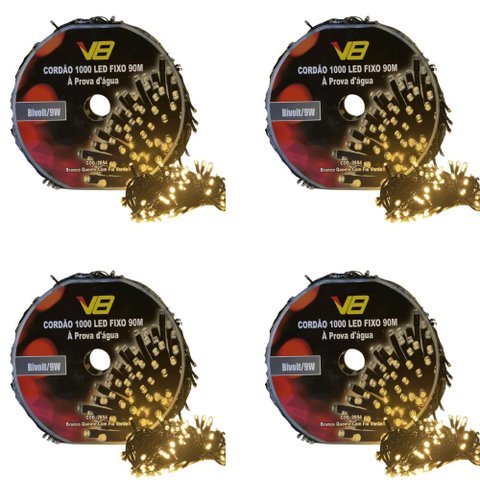 Kit 4 Cordão 1000 Leds Fixo Prova D'Água 90m Branco Quente Bivolt