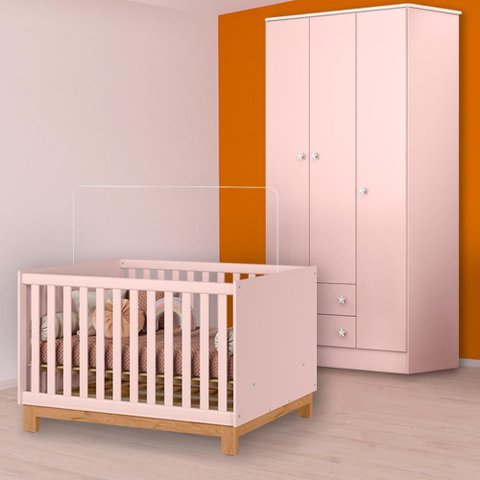 Conjunto Berço Mini Cama Slim e Guarda Roupa Rosa
