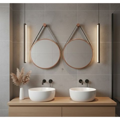 Kit 2 Espelhos Redondo Adnet Decorativo Suspenso com Alça 50cm + Suporte Cobre com Alça Preta