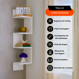 Nicho Prateleira de Canto Parede Suspensa Guardar Livros Objetos Decorativos Mdf Branco - 4 Nicho Prateleira de Canto Parede Suspensa Guardar Livros Objetos Decorativos Mdf Branco - 4