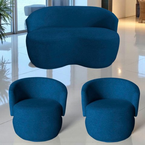 Kit Namoradeira + 2 Poltronas Decorativa Beatriz Orgânica Couro Azul Marinho