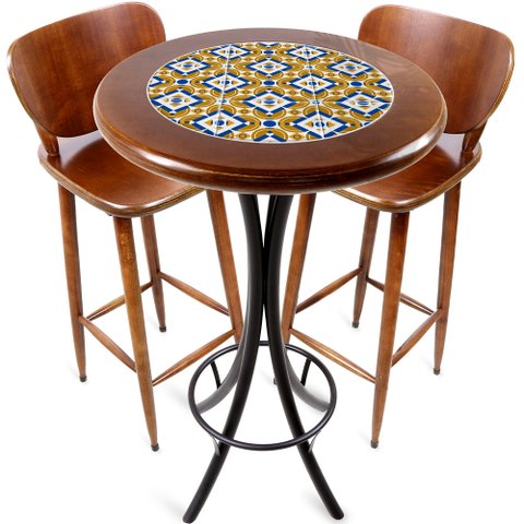 Conjunto Mesa Madeira Azulejo 60cm - Bistrô Fixa 98cm + 2 Banquetas 73 - Natural - Anos Dourados