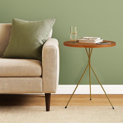 Mesa Lateral Redonda Pé Palito Tripé Metal 60cm X 45cm Madeira Maciça Apoio Decoração Sala Dourada