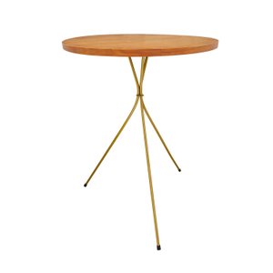 Mesa Lateral Redonda Pé Palito Tripé Metal 60cm X 45cm Madeira Maciça Apoio Decoração Sala Dourada