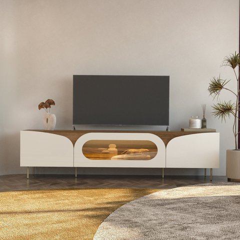 Rack para TV 85" com 2 Mt Vidro Reflecta e Luz de LED Fiori Cinamomo c/Off White