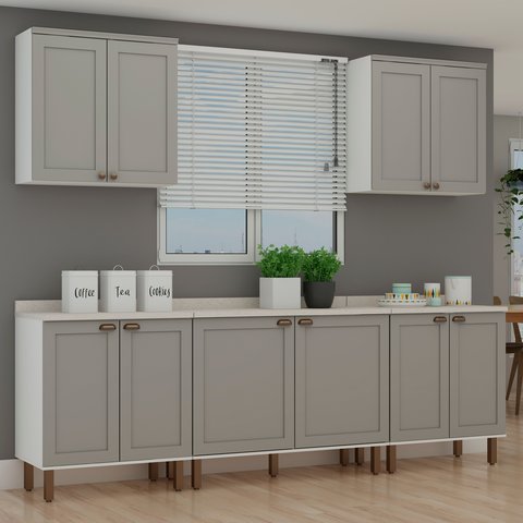 Armário de Cozinha Completa Iluminata 2,80m 8 Peças Branco/fendi - Genialflex