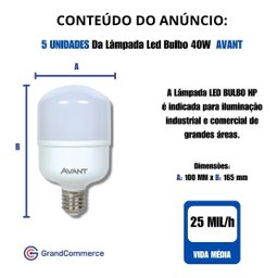 Kit 5 Lâmpada 40w Alta Potência Branco Frio 6500k E27 Avant - 3