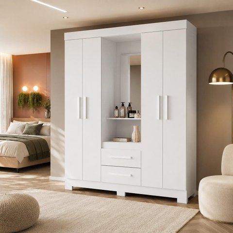 Guarda-Roupa Solteiro com Espelho 4 Portas 2 Gavetas Nt 6055 Branco / Rosa Notável Móveis