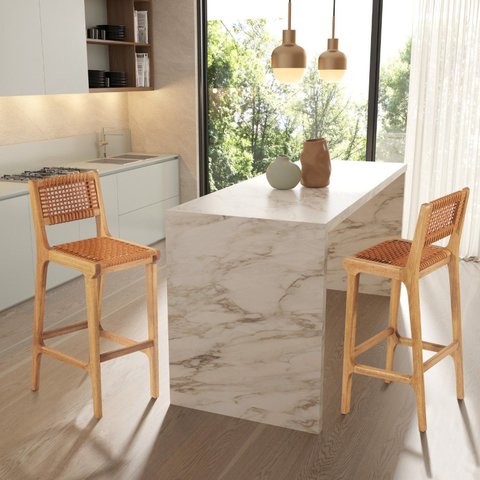 Banqueta Alta 75cm Assento Madeira Eucalipto Corda Náutica Ocre Laranja Linha Traço