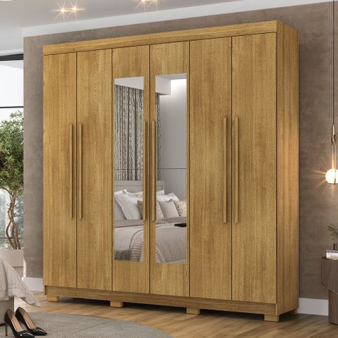 Guarda-roupa Casal Bahamas 6 Portas 2 Gavetas com Espelho Nature - Pnr Móveis