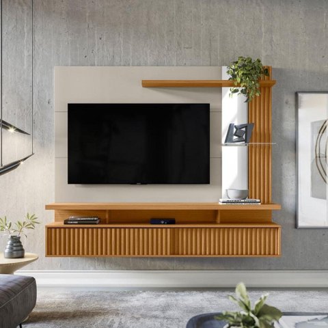 Painel Home com Nicho TV LED Off White Nature Amadeirado 154cm Maragogi