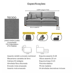 Sofá Retrátil Reclinável com Molas Ensacadas no Assento Porto Tecido Linho Cinza Claro 2,00m - 6