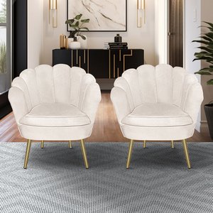 Kit 2 Poltronas Pétala Luxo Pés Dourado Veludo Bege para Lash Designer Bz Home Decor