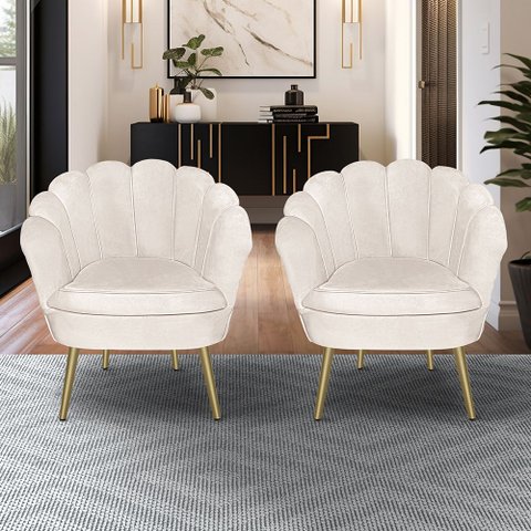 Kit 2 Poltronas Pétala Luxo Pés Dourado Veludo Bege para Lash Designer Bz Home Decor