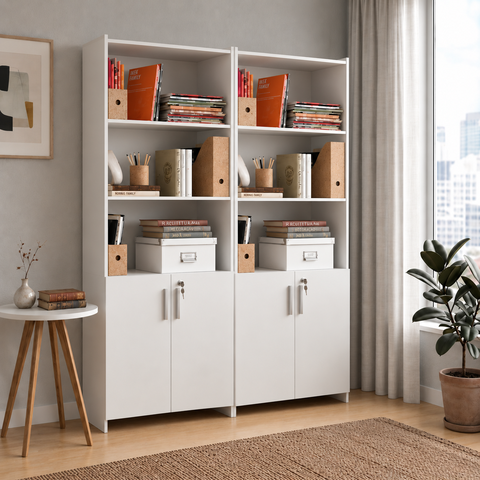 Kit com 2 Armários para Escritório Semi-Aberto 2 Portas com Chave Branco