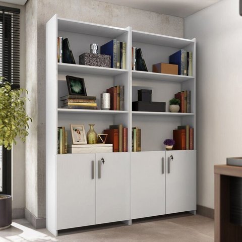 Kit com 2 Armários para Escritório Semi-Aberto 2 Portas com Chave Branco