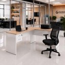 Ver imagem 2 de Mesa de Escritório em L 120x60cm com Gaveta + Cadeira Ergonômica Reclinável