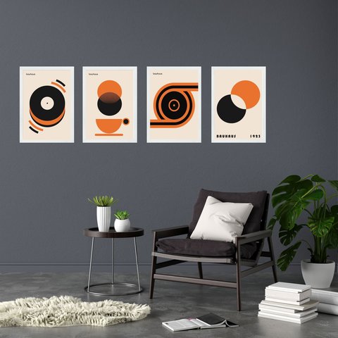 Kit 4 Quadros Artes Bauhaus Laranja Bege Preto 33x24cm:moldura Branca