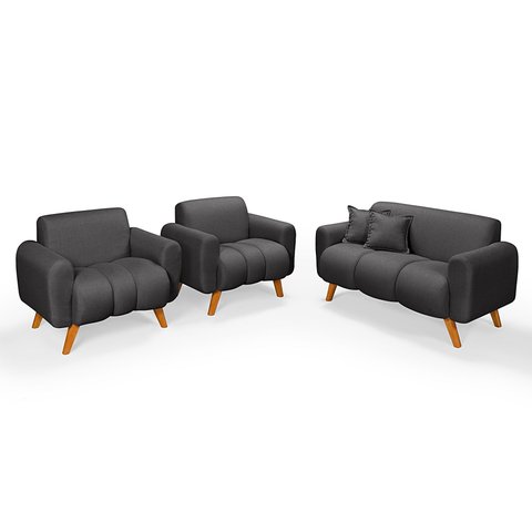 Conjunto Dallas Namoradeira com Duas Poltronas em Linho Pes em Madeira: Grafite