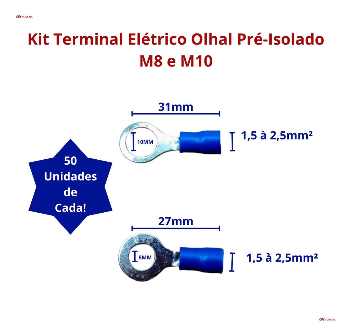 Kit Terminal Olhal Pré-isolado Azul 1,5-2,5mm M8+m10c/100pçs - 5