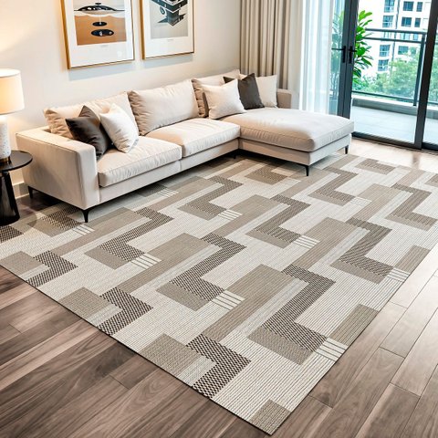 Tapete Sala Quarto Geométrico 3,00m X 2,00m Elegante Moderno Antiderrapante Luxo Decorativo Bege