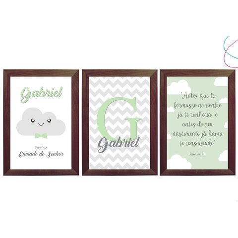 Kit com 3 Quadros Decorativos Infantil Nuvem Verde C/moldura: Tabaco