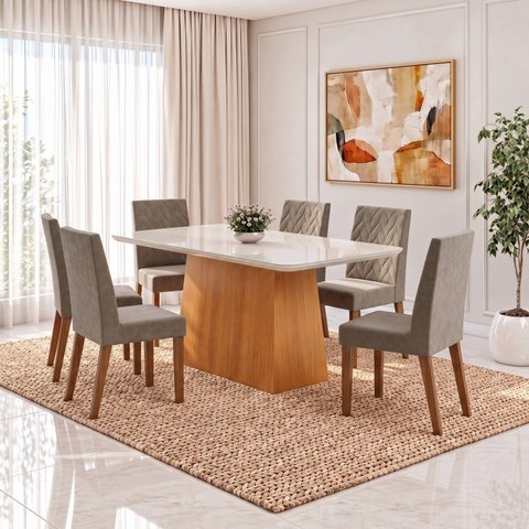 Conjunto Sala de Jantar Mesa Dora 160cm Tampo MDF e Vidro Canto Arredondado 6 Cadeiras Maitê