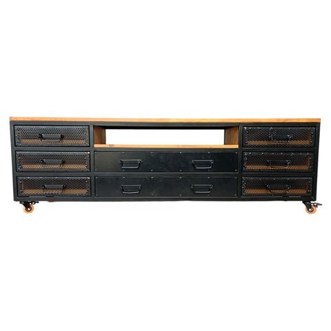 Rack Industrial com 8 Gavetas e 1 Nicho Vazado - Ferro e Madeira - Cores Preto e Castanheira