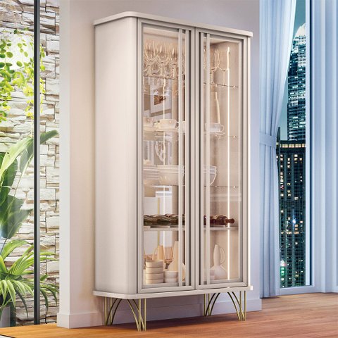 Cristaleira Decorativo com Led Portas de Vidro Texas Off White G26 - Gran Belo Cristaleira Texas