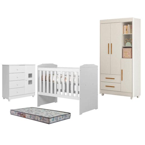Guarda Roupa Flocos com Cômoda Life Berço Americano Carinho Branco Acetinado Colchão Americano Sleep