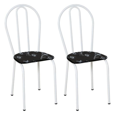 Kit 2 Cadeiras de Cozinha Texas Estampado Preto Florido Pés de Ferro Branco - Pallazio