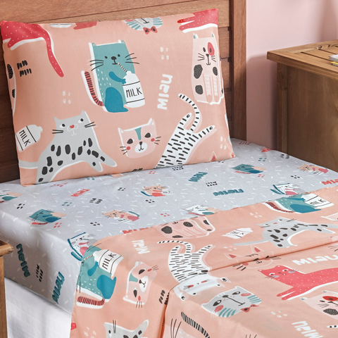 Conjunto de Lencol Solteiro Bouti 3 Pçs Jogo de Cama Infantil 200 Fios Super Macio:gatinha