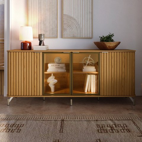 Buffet Neon Float 4 Portas 100% MDF com Vidro Reflecta e LED Carvalho