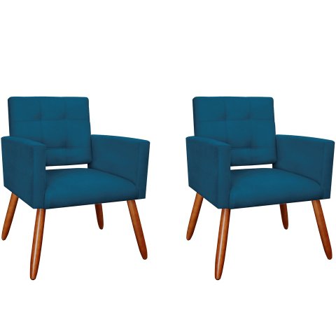 Kit 2 Poltronas Decorativa Camila Suede Azul Marinho Pés Madeira Ms Decor