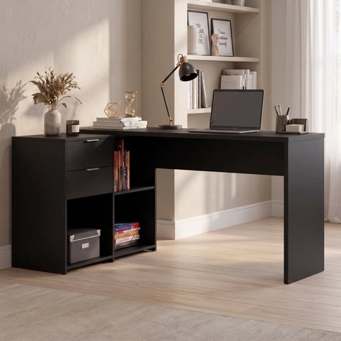 Escrivaninha Mesa de Escritório em L com 2 Gavetas e Nichos 148,6cm Flex Preta Office
