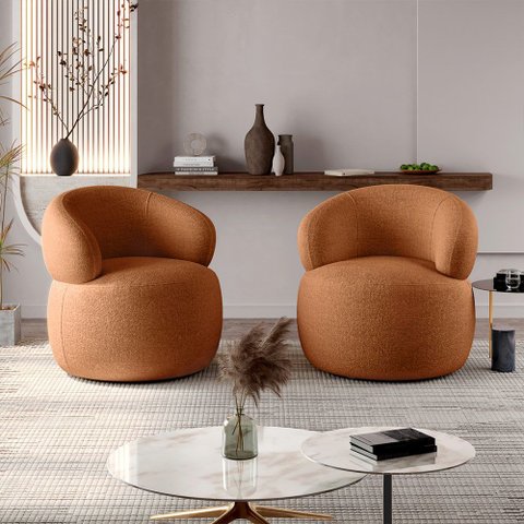 Kit 2 Poltronas Design Orgânico Moderno e Sofisticado Eloah Base Giratória Bouclé Italiano Terracota