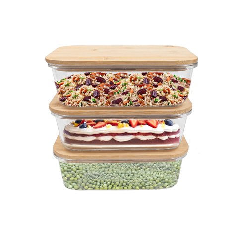 Kit 3 Potes de Vidro 1l com Tampa de Bambu Hermético Marmita Retangulares - Tud