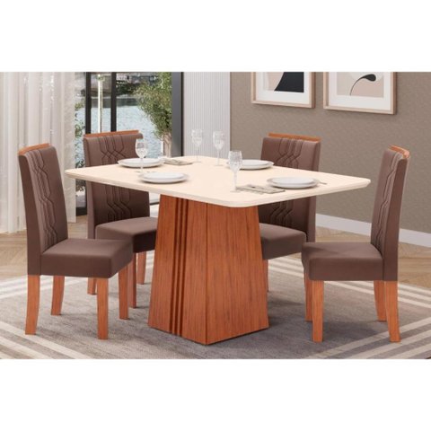 Sala de Jantar Completa Italia Tampo Madeirado C/ Vidro Curvo 170x90cm e 4 Cadeiras Zoe Freijo/off