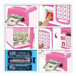 Cofrinho Digital Infantil Senha Biometria Decorativa Economia Mesada Moedas Notas Rosa - 2