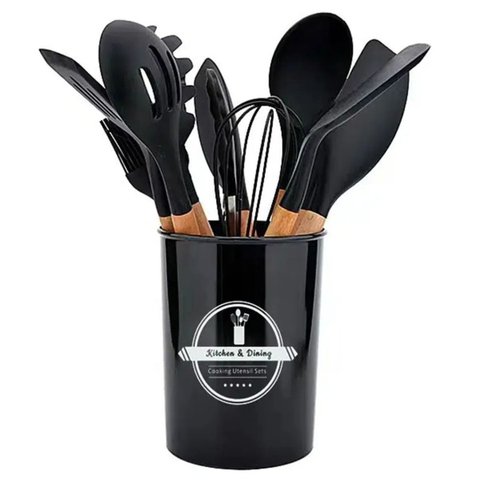 Kit 12 Pçs Utensílios de Cozinha Silicone Cabo Madeira Preto