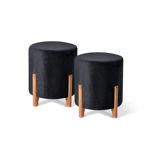 Kit 02 Puffs Decorativo Redondo em Suede Cor Preto