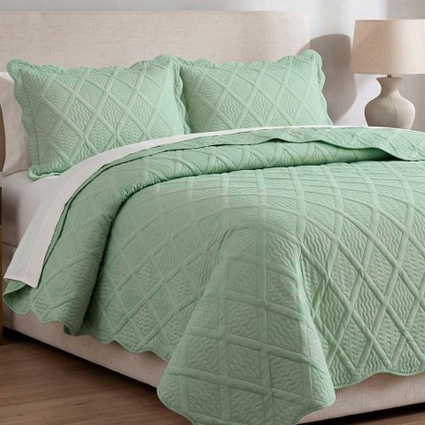 Kit Cobre Leito Colcha Ipanema King 3 Peças Percal 300 Fios Matelassê Verde Clara Luz Decora