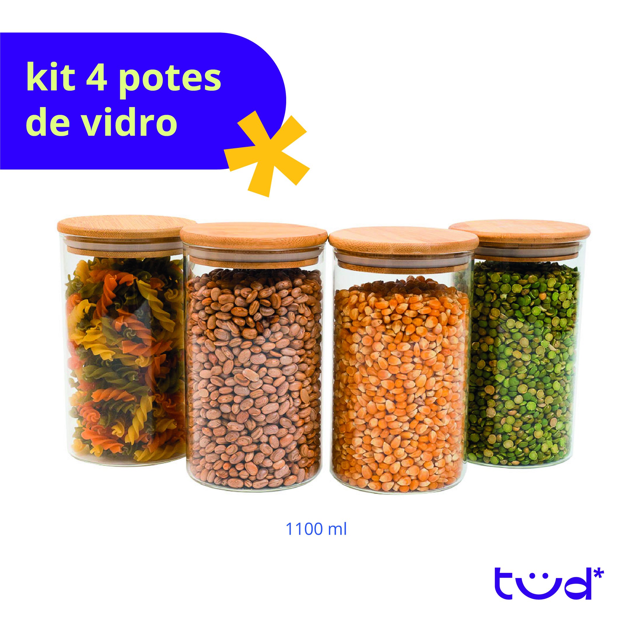 Kit 4 Potes de Vidro 1,1l Tampa de Bambu Herméticos Redondos - Tüd - 3